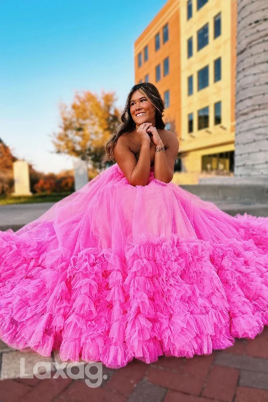 21955 - A Line Strapless Tulle Tiered Pink Long Formal Prom Dress Party Tulle Dress