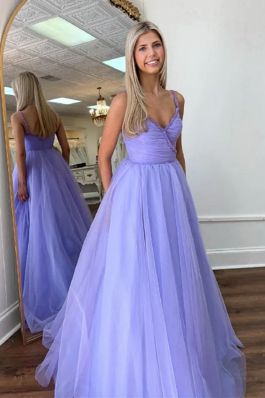 Purple Princess A-Line Spaghetti Straps Long Tulle Prom Dress Tulle Dress Color