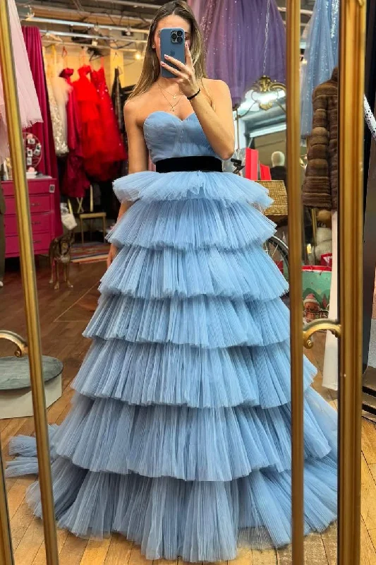 Cute Sweetheart Strapless Layered Tulle Empire-Waist Formal Prom Dress Pleated Tulle Dress