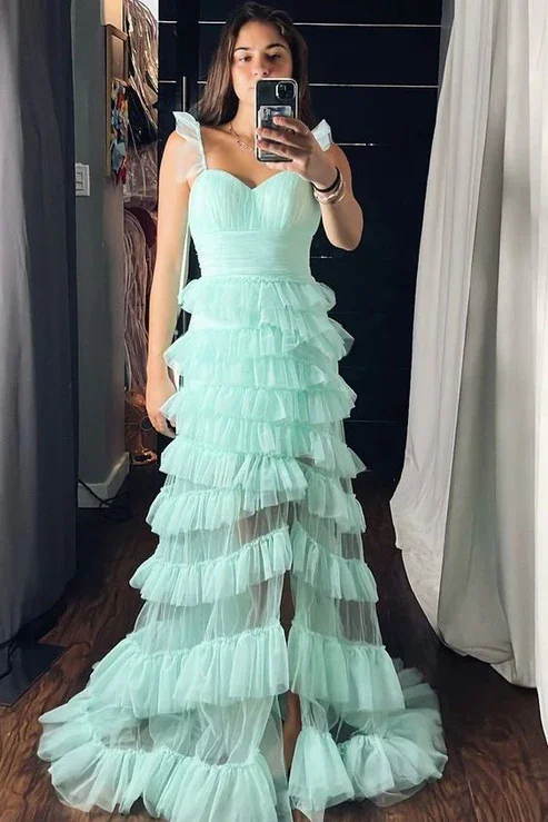 Mint A-Line Straps Sweetheart Layered Tulle Long Prom Dress with Slit Tulle Dress Glow