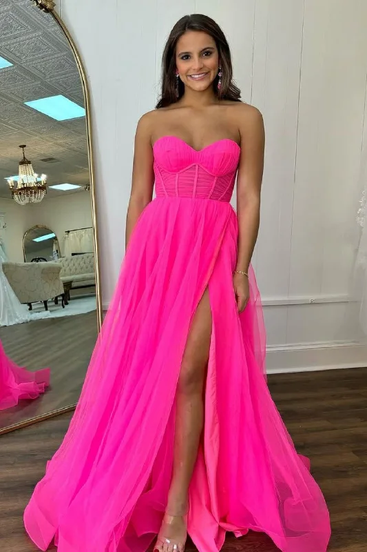 Hot Pink Simple A-Line Sweetheart Long Tulle Prom Dress Soft Layered Tulle