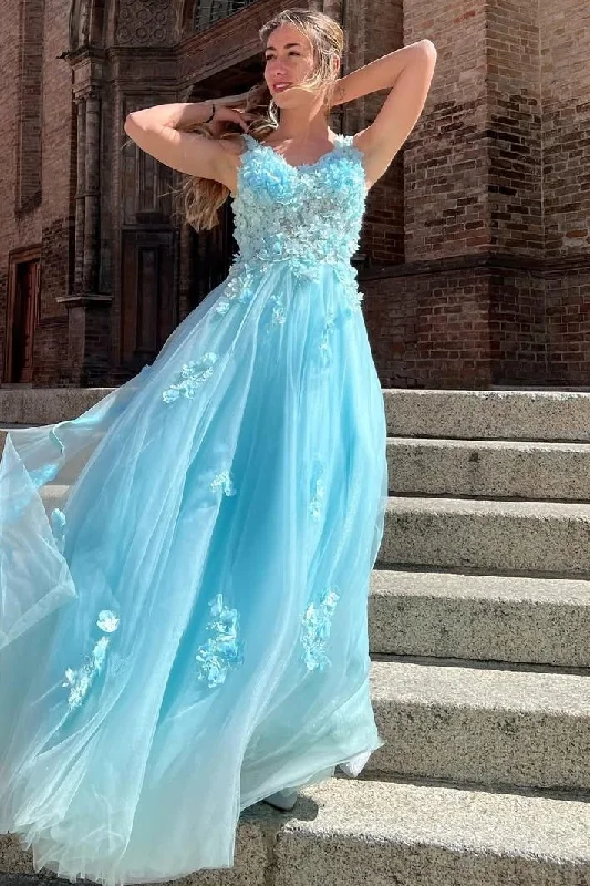 A-Line V-Neck Straps Appliques Sleeveless Tulle Long Prom Dress Tulle Dress Occasion