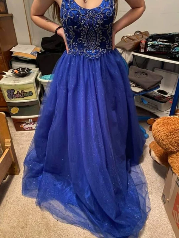 Shiny A Line Beaded Blue Tulle Long Prom Dresses, Blue Formal Graduation Evening Dresses with Beadings SP3092 Classic Tulle Dress