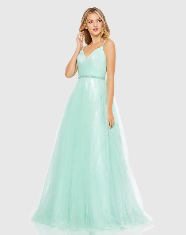 V-Neck Tulle Ballgown with Embellished Belt - FINAL SALE Tulle Dress Occasion