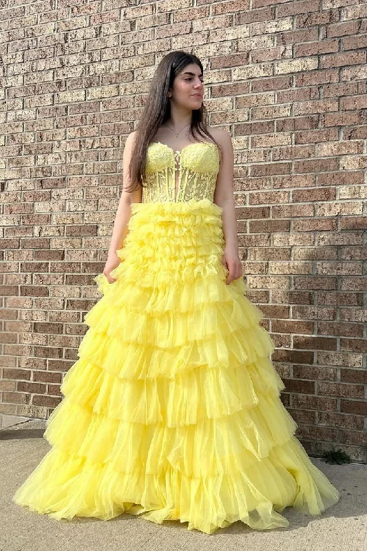 Yellow Tulle Tiered Sweetheart Long Prom Dress with Appliques Tulle Bridesmaid Dress