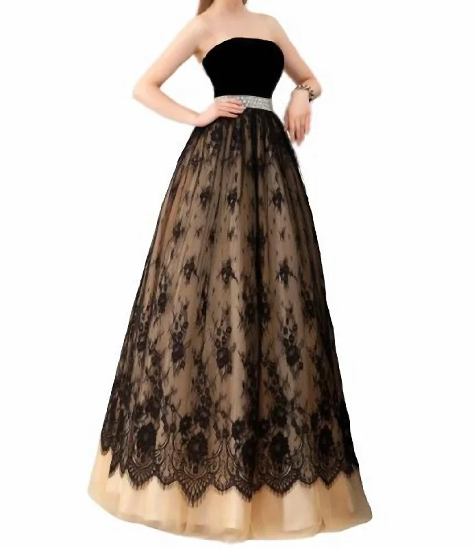 Strapless Velvet And Tulle Ballgown In Black/nude Tulle Dress Sparkling