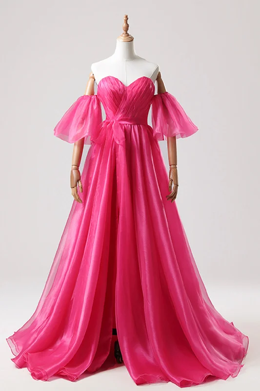 Hot Pink Tulle Long Prom Dress, A-Line Sweetheart Neck Evening Dress with Slit Tulle Bodycon Dress