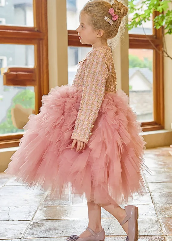 DIY Pink O-Neck Tulle Kids Long Dress Winter RP048 Tulle Dress Sparkling