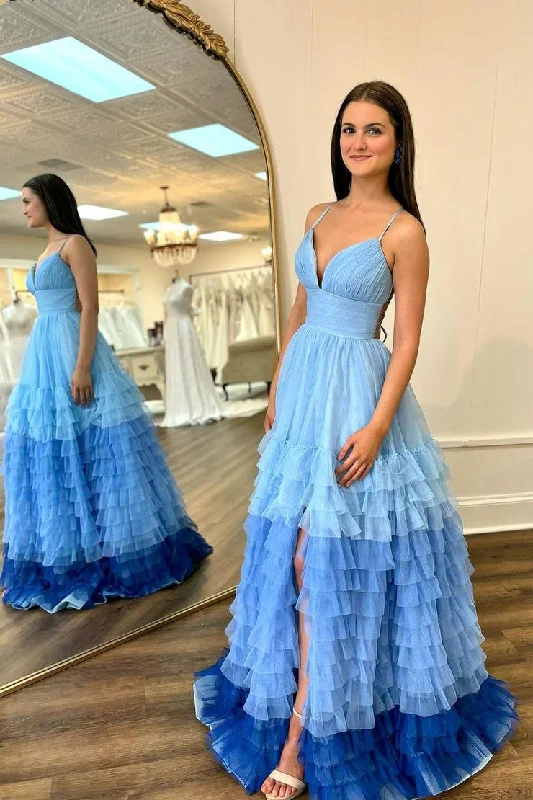 Blue Ruffle Tulle V Neck Long Prom Dress with Slit Tulle Dress Sleek