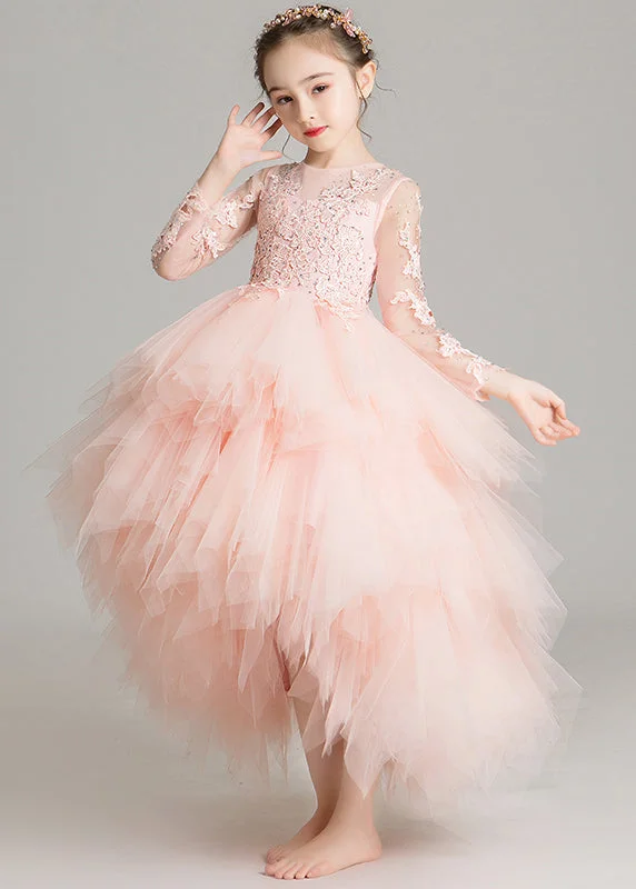 Cute Pink O-Neck Low High Design Tulle Girls Maxi Dress Sleeveless RP032 Black Tulle Dress