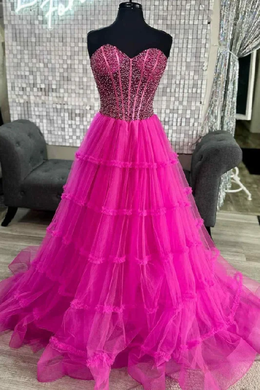 A-Line Strapless Beads Sweetheart Ruffles Tulle Long Prom Dress Romantic Tulle Gown