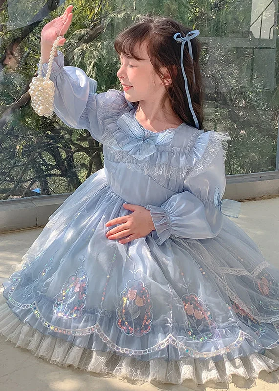 Fashion Blue Bow Embroideried Patchwork Tulle Girls Vacation Maxi Dresses Puff Sleeve RP049 Tiered Tulle Dress