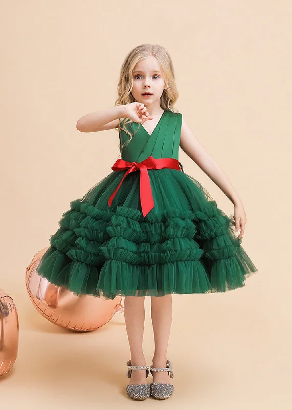 Classy Green V Neck Tie Waist Tulle Girls Long Dresses Summer RP036 Tulle Dress Sparkle