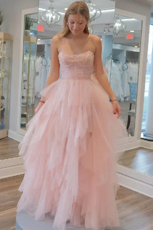 Pink A-Line Strapless Ruffles Tulle Sleeveless Long Formal Prom Dress Tulle Dress Fit