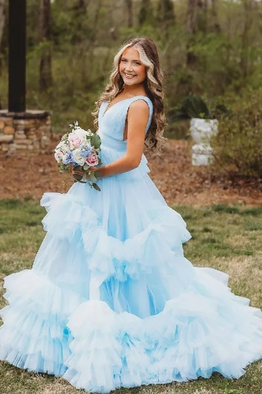 Blue A-Line V-Neck Straps Layered Tulle Long Formal Prom Dress Tulle Dress Design