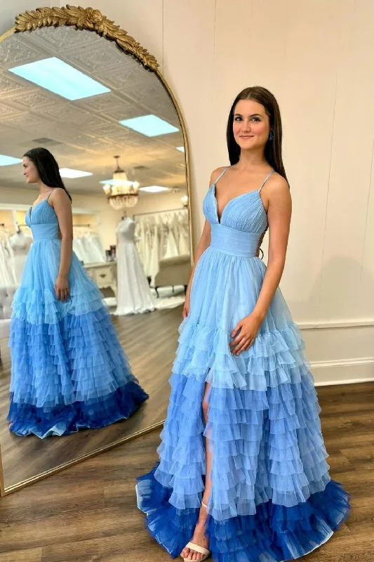 Ombre Blue A-Line Spaghetti Straps Lace Up Long Tulle Prom Dress Tulle Lace Gown