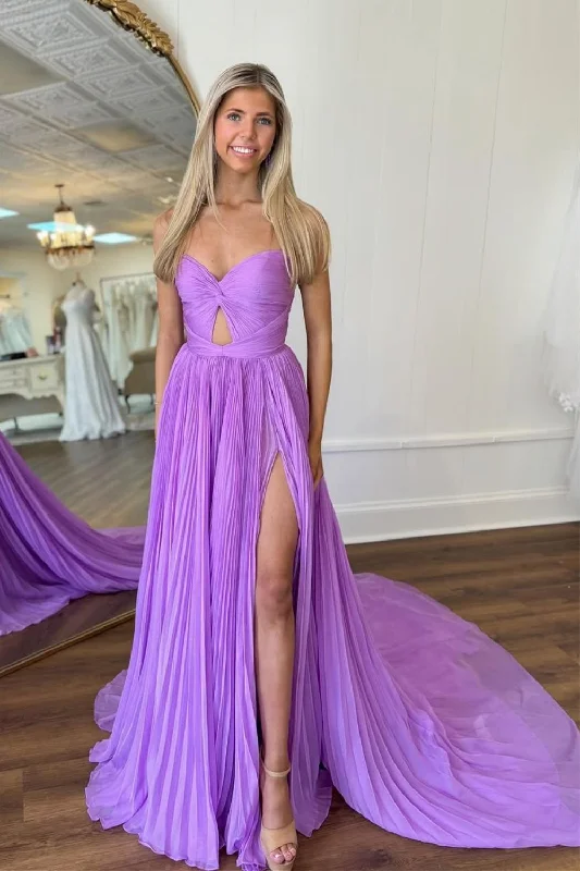 Stylish Purple A-Line Strapless Long Pleated Tulle Prom Dress Glitter Tulle Dress