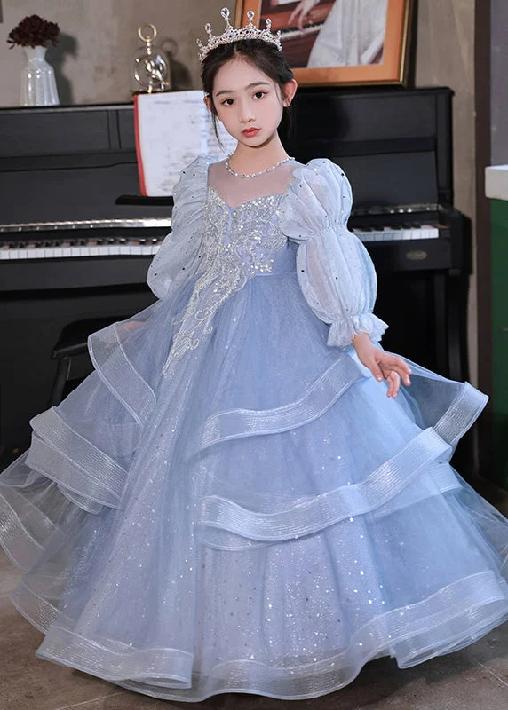 Elegant Blue O-Neck Embroideried Patchwork Tulle Kids Long Dress Fall RP045 Tulle Dress Fashion