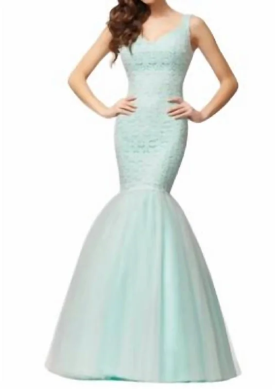 Lace And Tulle Mermaid Gown In Ivory/aqua Sexy Tulle Dress