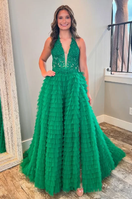 Green A-Line V-Neck Lace Top Long Tulle Prom Dress with Slit Tulle Dress Soft