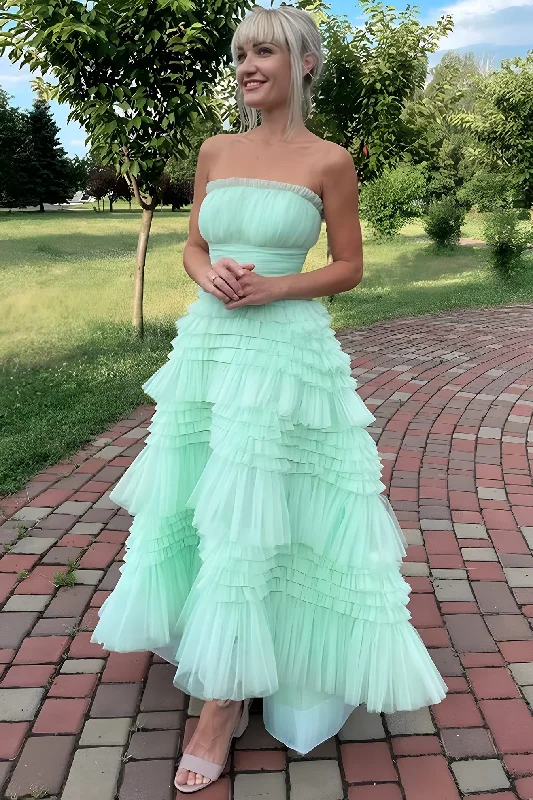 Mint Strapless Scoop Neck Layered Tulle A-Line Prom Dress Tulle Party Dress