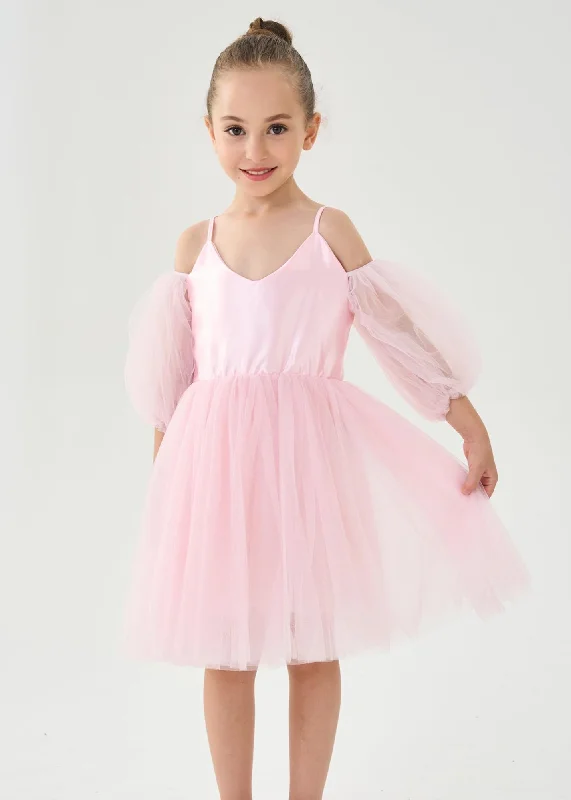 Puff Sheer Sleeve Tulle Girl Dress in Pink Chic Tulle Dress