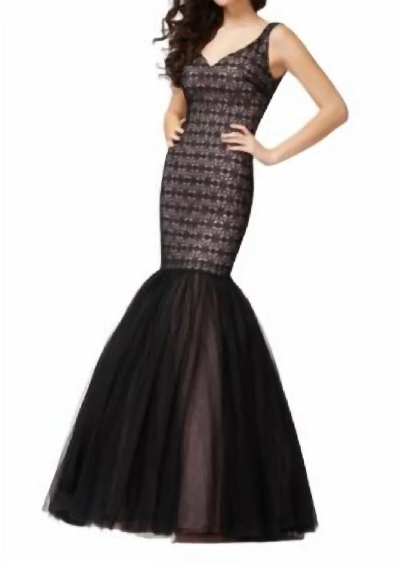 Lace And Tulle Mermaid Gown In Black/blush Tulle Dress Outfit