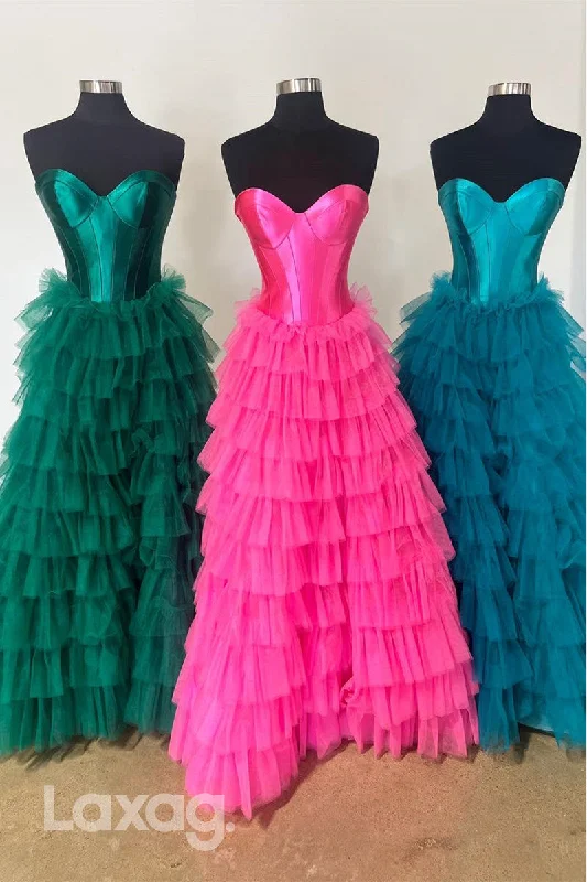 22009 - A Line Sweetheart Tulle Ruffles Long Formal Prom Dress Tulle Lace Gown