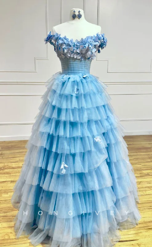 L2738 - A-Line Tulle Off-Shoulder Empire Tiered Appliques With Side Slit Prom Dress Tulle Dress Fluffy