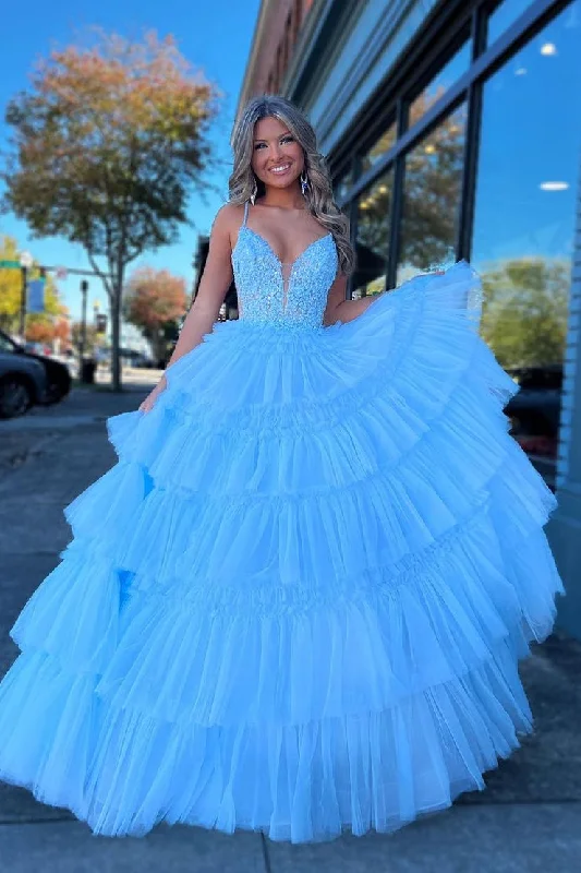 Light Blue Tulle Ruffle Tiered V Neck Long Prom Dresses with Appliques Tulle Dress Party