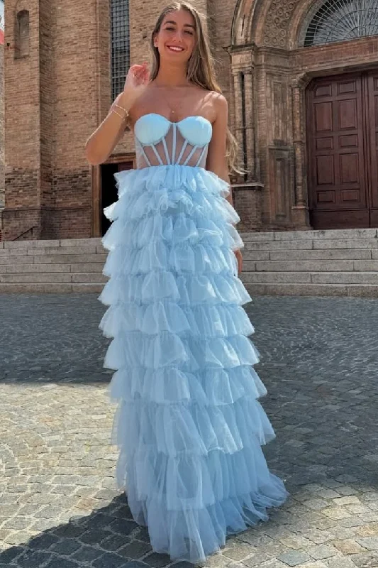 Blue Strapless Sweetheart A-Line Layered Tulle Long Prom Dress Classic Tulle Dress