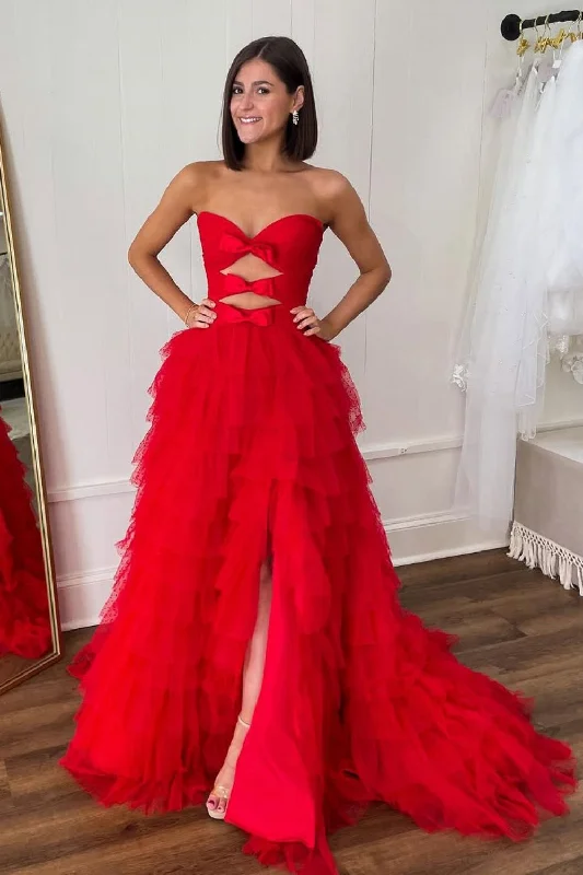 Cute Red A-Line Sweetheart Long Tulle Prom Dress with Bowknot Slit Tulle Evening Gown