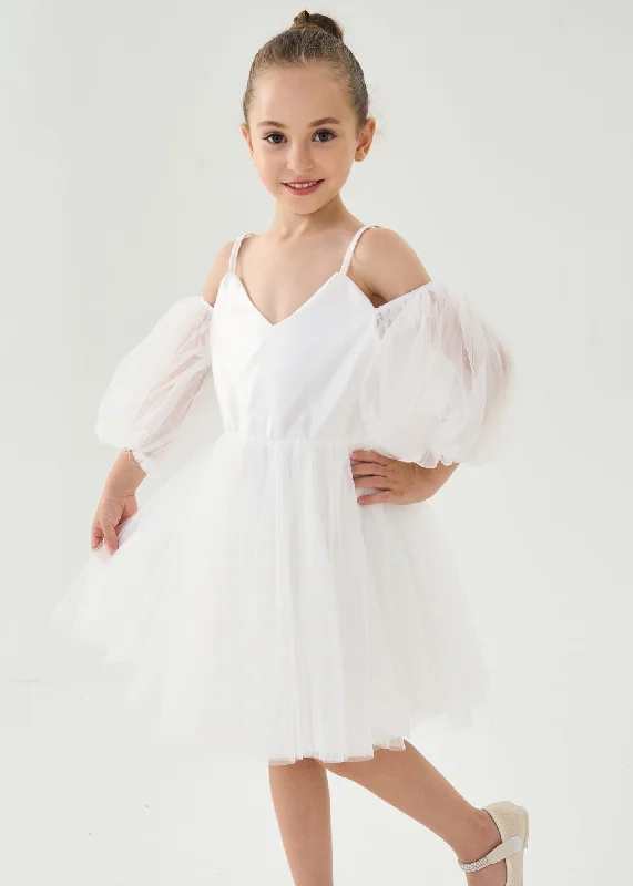 Puff Sheer Sleeve Tulle Girl Dress in White Party Tulle Dress