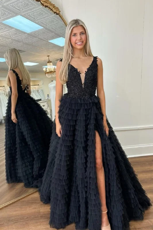 Black A-Line Lace Top V-Neck Long Tulle Prom Dress with Appliques Tulle Party Gown