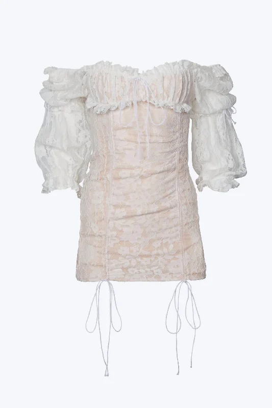 Vintage Ruched Lace Tulle Mini Dress In White Ruffled Tulle Dress