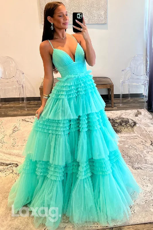 21961 - A line V neck Tulle Tiered Long Formal Prom Dress Tulle Dress Modern