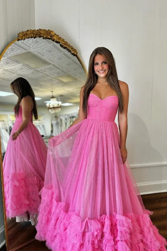 Stunning A-Line Pink Sweetheart Long Glitter Tulle Prom Dress with Ruffle Elegant Tulle Dress