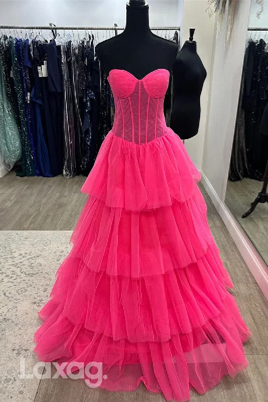 22018 - A Line Sweetheart Tulle Pink Long Formal Prom Dress Tulle Party Gown