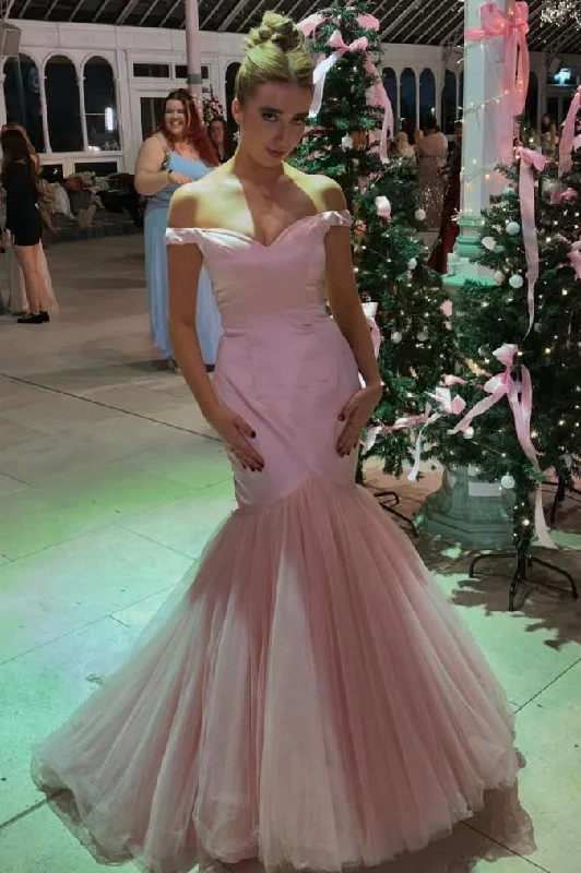 Pink Off-Shoulder V-Neck Mermaid Pleated Tulle Formal Prom Dress Casual Tulle Gown