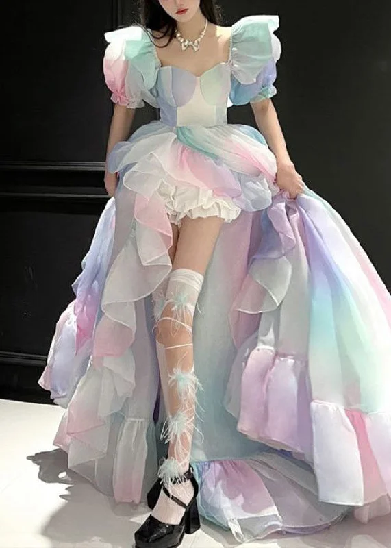 Chic Rainbow Bustier Top Asymmetrical Patchwork Tulle Long Dress Puff Sleeve RP017 Tulle Skirt Dress