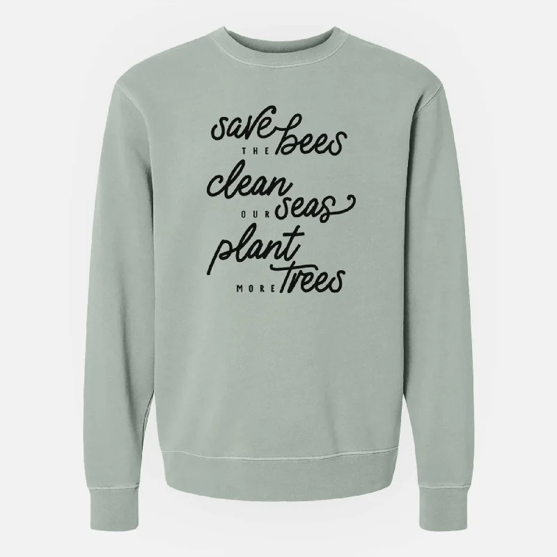 Bees Seas Trees - Typography - Unisex Pigment Dyed Crew Sweatshirt Fleece Zip-up Hoodie