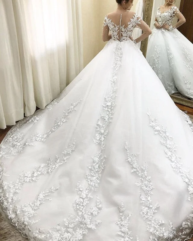 3D Lace Embroidery Ball Gown Wedding Dress Long Sleeves Wedding Gown Set