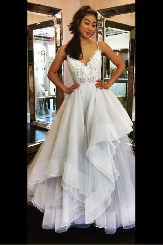 A Line Sweep Train Sweetheart Spaghetti Sleeveless Mid Back Appliques Ruffles Wedding Dresses Lace Back Wedding