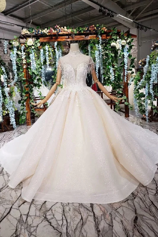 Ball Gown Ivory High Neck Beads Lace Appliques Wedding Dresses Bridal Dresses WK770 Classic Bridal Gown