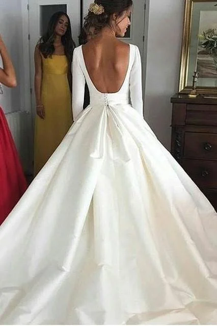 Ball Gown Long Sleeve Backless Ivory Wedding Dresses Long Cheap Bridal Dresses WK655 Floral Bridal Gown