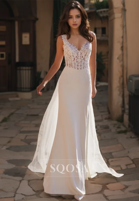 V-Neck Sleeveless Off-Shoulder Straps Applique Cutout Mermaid Wedding Dress with Lace Train Modern Wedding Gown