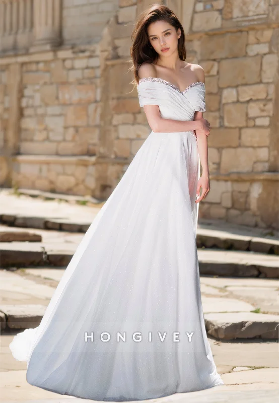 Elegant Off-Shoulder A-Line Tulle Wedding Dress Ball Gown Wedding