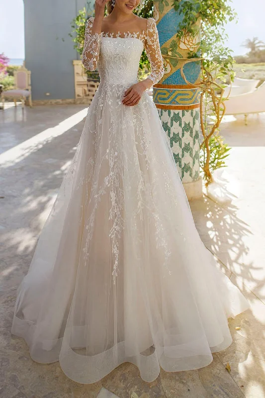 A line Illusion Neckline Long Sleeves Lace Wedding Dres with Sweep Train QW2283 Open Back Dress