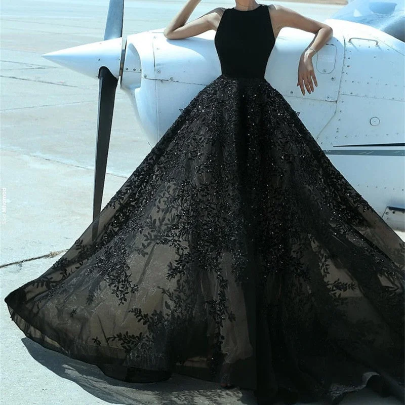 Elegant A Line Black Lace Floor Length Prom Dresses Lace Wedding Gown