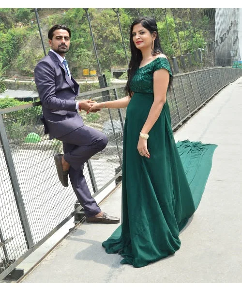 G800, Bottle Green Prewedding Infinity Long Trail Gown, Size (All) Satin Wedding Dress